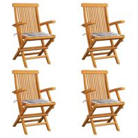 Tuinstoelen 4 st met grijs geruite kussens massief teakhout