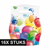 16x Feestelijke uitdeel zakjes met ballonnen opdruk plastic 16x23cm   - - thumbnail