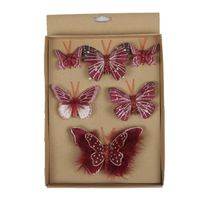 6x stuks decoratie vlinders op clip donkerrood 5, 8 en 12 cm - Kersthangers - thumbnail
