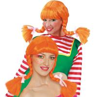 Sterk meisje carnaval verkleed pruik oranje - met staartjes - voor dames - thumbnail