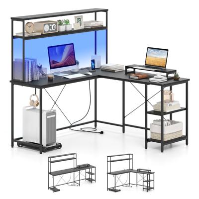 L-vormige Gaming Bureau met LED-strips & Stopcontacten Hoekbureau Computerbureau Zwart