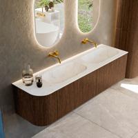 Badmeubel Mondiaz Kurve-Dlux | 165 cm | Meubelkleur Walnut | Wastafelkleur Opalo | Solid surface | Dubbele spoelbak | Zonder kraangat(en)