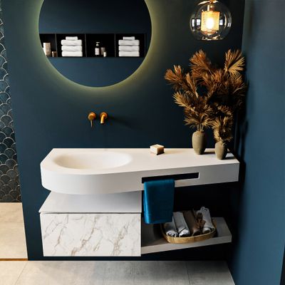 MONDIAZ RIVA 120cm badmeubel onderkast / planchet kleur carrara met 1 lade. Wastafel DULCET links 0 kraangaten kleur Talc. MONDIAZ RIVA 120cm badmeubel onderkast / planchet kleur carrara met 1 lade. Wastafel DULCET links 0 kraangaten kleur Talc.