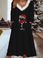 Christmas Wine Glass V Neck Casual Fluff/Granular Fleece Fabric Dress With No - thumbnail