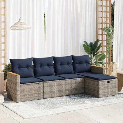 5-delige Loungeset met kussens poly rattan grijs
