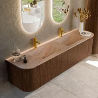 Badmeubel Mondiaz Kurve-Dlux | 180 cm | Meubelkleur Walnut | Wastafelkleur Saba | Solid surface | Wasbak beide zijden spoelbak | 2 kraangaten