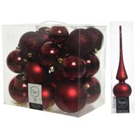 Kerstversiering kunststof kerstballen met piek donkerrood 6-8-10 cm pakket van 27x stuks - Kerstbal - thumbnail