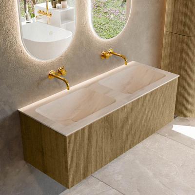 Badmeubel Mondiaz Kurve-Dlux | 120 cm | Meubelkleur Dusk | Wastafelkleur Meli | Solid surface | Wasbak beide zijden spoelbak | Zonder kraangat(en)