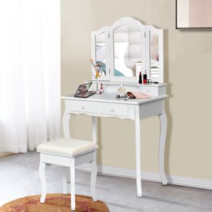 Ljdelheid Set Make-Up Tafel Set met Drie Vouwen Spiegel & Gedempte Kruk Kaptafel met Vier Lades Slaapkamer Meubilair Wit