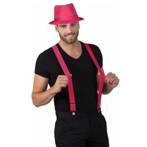 Carnaval verkleedset Partyman - glitter hoedje en bretels - fuchsia roze - heren - verkleedkleding