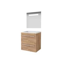 Basic-Line Economic 46 Badkamermeubelset - 60 x 46 cm - Met Grepen - 2 Lades - Acryl Wastafel - 1 Kraangat - Spiegel met LED Verlichting - Whisky Oak