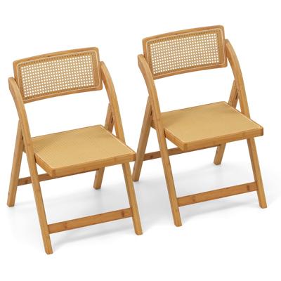 Set van 2 Klapstoelen Rotan Keukenstoel met 360 Graden Draaibare Rugleuning Eetkamerstoelen Inklapbaar Klapstoel van Bamboe