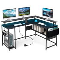 L-vormige Gamingtafel met LED-verlichting & Stopcontacten Computerbureau met Monitorstandaard Zwart