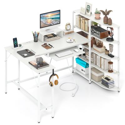 L-vormige Bureau met Opbergvakken Hoekcomputerbureau met Oplaadstation Gamingtafel Wit