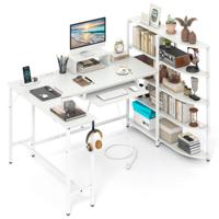 L-vormige Bureau met Opbergvakken Hoekcomputerbureau met Oplaadstation Gamingtafel Wit
