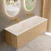 Mondiaz KURVE-DLUX 130 cm Onderkast Greeploos 2 Lades Zonder Deuren Oak, Wastafel Solid Surface Dubbel Ostra 0 Kraangaten Zonder Spiegel (KRVLEA1302L0D0KD-Oak/Ost)