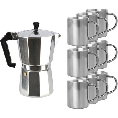 Aluminium moka/koffiemaker met 9x RVS kopjes