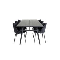 Sleek eethoek eetkamertafel uitschuifbare tafel lengte cm 195 / 280 zwart en 6 Wrinkles eetkamerstal velours zwart.