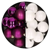 Kerstballen 24x stuks - mix winter wit en paars - 6 cm - kunststof - Kerstbal - thumbnail
