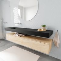 Mondiaz Alan badmeubel 200 cm washed oak 2 lades vrijhangend wastafel links zonder kraangat zwart
