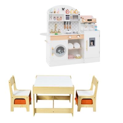 Kindercreatieve Speel- en Leerhoek Set Houten Kindermeubels Tafel Stoelen met Laden en Houten Speelkeuken