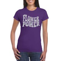 Paars Flower Power t-shirt met zilveren letters dames - thumbnail