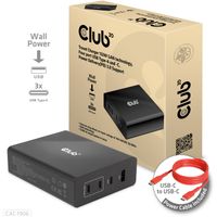 Club 3D Travel Charger 132W GAN technology, Four port USB Type-A and -C oplader Power Delivery(PD) 3.0