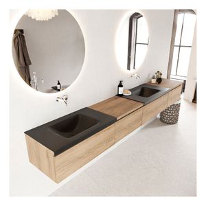 Mondiaz Bukla 280cm badmeubel met module 60 links kleur washed oak 4 lades met dubbele wastafel zonder kraangat kleur urban