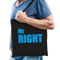Mr right tas / shopper zwart katoen met blauwe tekst voor heren   - - thumbnail