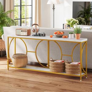 180 cm Consoletafel Marmerlook Salontafel met Geometrisch Metalen Frame Bijzettafel Goud + Wit voor Woonkamer Hal Ingang