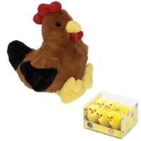 Pluche bruine kippen knuffel - 25 cm - met 6x stuks mini kuikentjes 3.5 cm - Paas/pasen decoratie