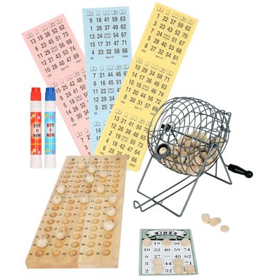 Luxe bingo spel metaal/hout complete set nummers 1-75 met molen/174x bingokaarten/2x stiften