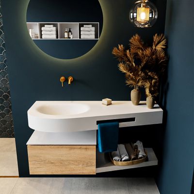 MONDIAZ RIVA 120cm badmeubel onderkast / planchet kleur Washed_Oak met 1 lade. Wastafel DULCET links 0 kraangaten kleur Talc.