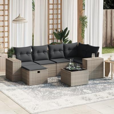 7-delige Loungeset met kussens poly rattan grijs