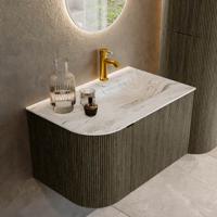 Badmeubel Mondiaz Kurve-Dlux | 75 cm cm | Meubelkleur Shadow | Wastafelkleur Glace | Solid surface | Wasbak rechter zijde spoelbak | 1 kraangat