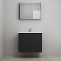 On-Line Badkamermeubelset - 80 cm - Bouwpakket - Greeploos 2 Deuren - Acryl Wastafel - 1 Kraangat - Spiegelkast - Mat Zwart