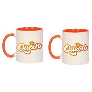 2x stuks mok/ beker wit en oranje Koningsdag Queen met kroontje 300 ml - feest mokken