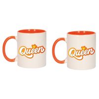 2x stuks mok/ beker wit en oranje Koningsdag Queen met kroontje 300 ml - feest mokken - thumbnail