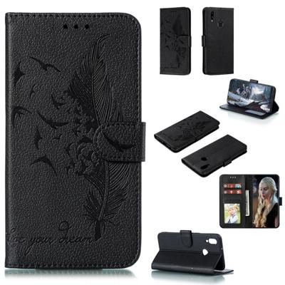 Voor Galaxy A10s Feather patroon Litchi textuur horizontale Flip lederen draagtas met houder & portemonnee & kaartsleuven (zwart)