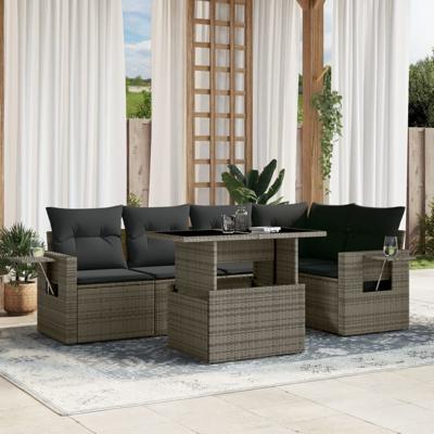 6-delige Loungeset met kussens poly rattan grijs