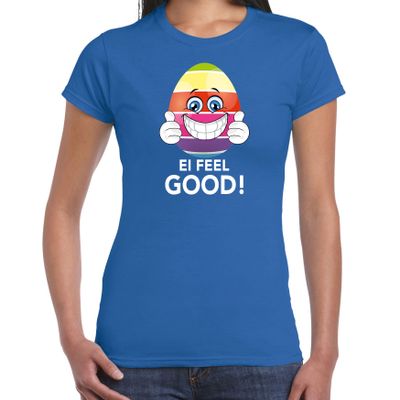 Vrolijk Paasei ei feel good t-shirt blauw voor dames - Paas kleding / outfit Vrolijk Paasei ei feel good t-shirt blauw voor dames - Paas kleding / outfit
