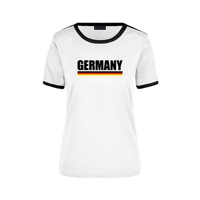 Germany supporter wit / zwart ringer t-shirt Duitsland met vlag voor dames Germany supporter wit / zwart ringer t-shirt Duitsland met vlag voor dames