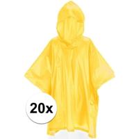 Kinder regen poncho - 20x - pvc - geel - in zakje - vanaf 4 jaar - noodponcho met capuchon
