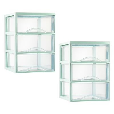 Ladeblokje/bureau organizer - 2x stuks - 3 lades - transparant/mintgroen - L26 x B36 x H37 cm