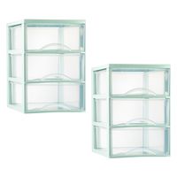 Ladeblokje/bureau organizer - 2x stuks - 3 lades - transparant/mintgroen - L26 x B36 x H37 cm