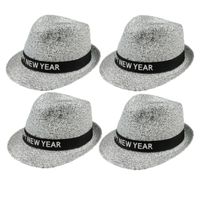 4x stuks happy New Year thema glitters verkleed hoedje zilver - thumbnail