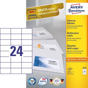 Avery-Zweckform 3474 Universele etiketten 70 x 37 mm Papier Wit 2400 stuk(s) Permanent hechtend Inkjet, Laser (zwart/wit), Laser (kleur), Kopiëren (zwart/wit),