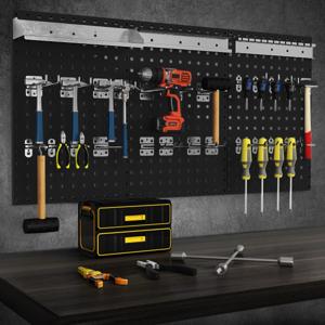 Set van 3 Geperforeerde Wandpanelen Gereedschapsset met 28 Ophangaccessoires Handig Gereedschapspaneel voor Garage Werkplaats