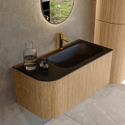 Mondiaz KURVE 95 cm Onderkast Greeploos 1 Lade Met Deuren Oak, Wastafel Solid Surface Rechts Urban 1 Kraangat Zonder Spiegel (KRVBGS95L1L1D1KR-Oak/Urb)