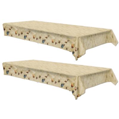 Tafelkleed strand thema - 2x - kunststof - schelpen en zandkleur - 275 x 135 cm